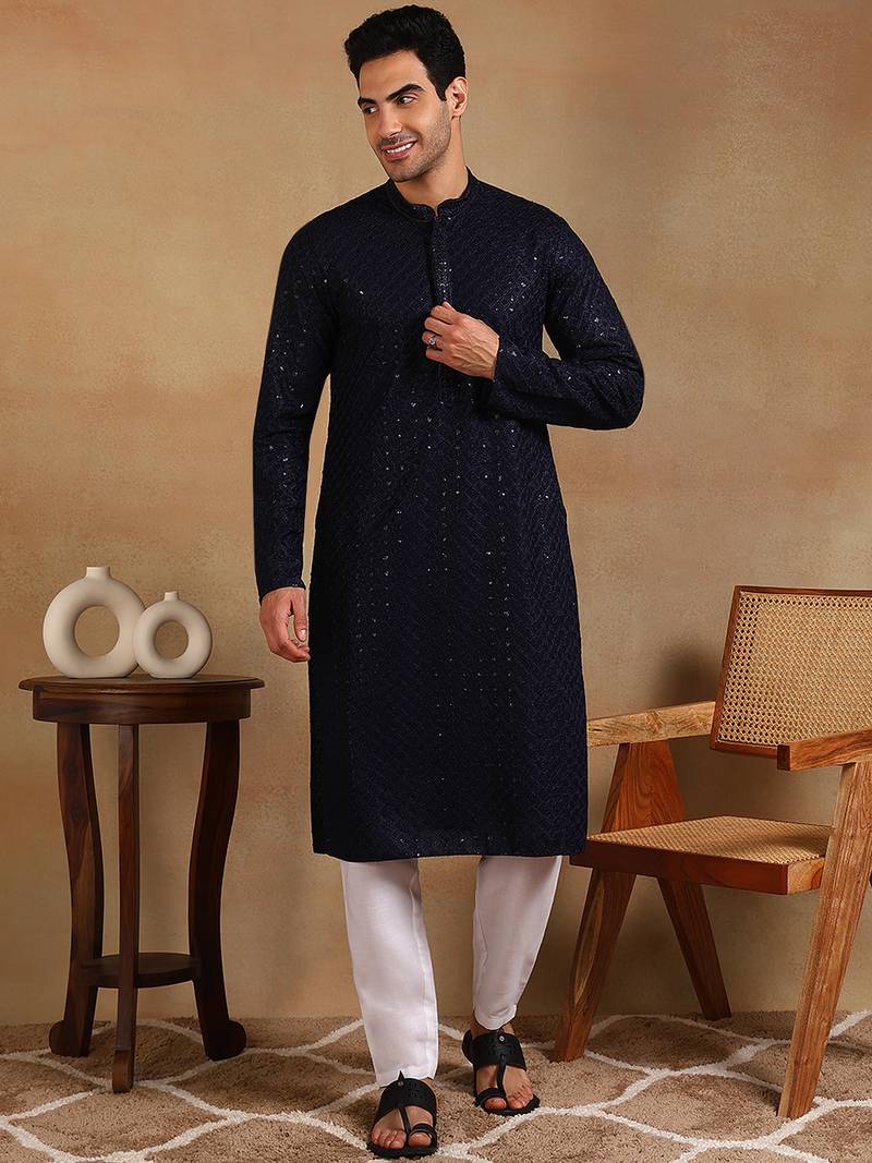 Men navy blue viscose rayon solid embroidered straight kurta