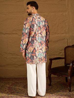 Men grey silk blend floral printed straight kurta with trouser 4