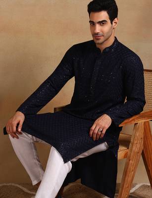 Men navy blue viscose rayon solid embroidered straight kurta 2