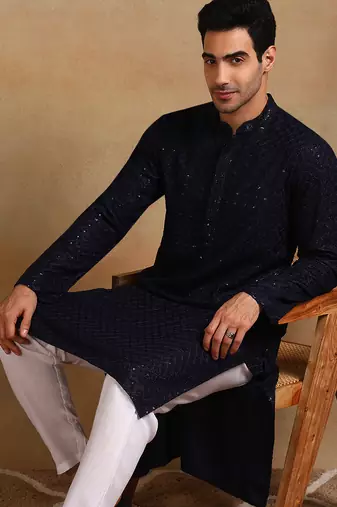 Men navy blue viscose rayon solid embroidered straight kurta