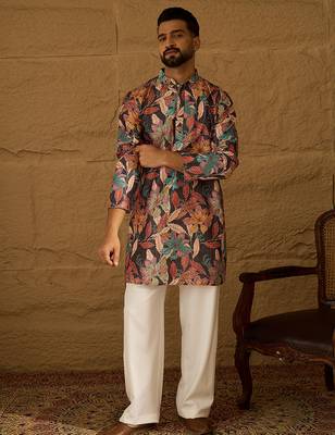 Men grey silk blend floral printed straight kurta with trouser 5