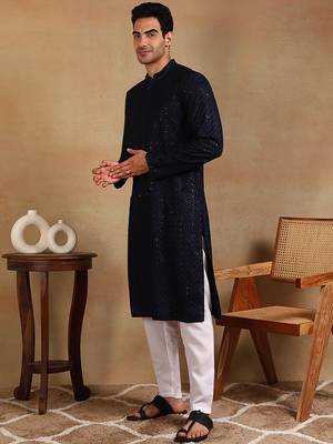 Men navy blue viscose rayon solid embroidered straight kurta 3