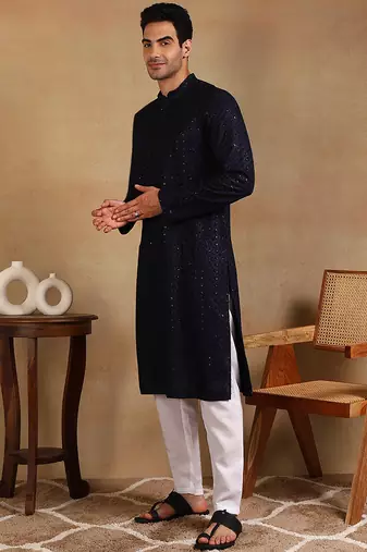 Men navy blue viscose rayon solid embroidered straight kurta