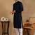 Men navy blue viscose rayon solid embroidered straight kurta