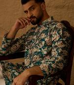 Men teal silk blend floral printed straight kurta with trouser