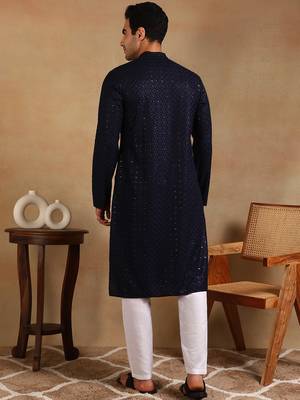 Men navy blue viscose rayon solid embroidered straight kurta 4