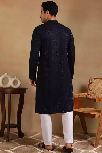 Men navy blue viscose rayon solid embroidered straight kurta