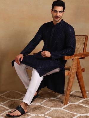 Men navy blue viscose rayon solid embroidered straight kurta 5