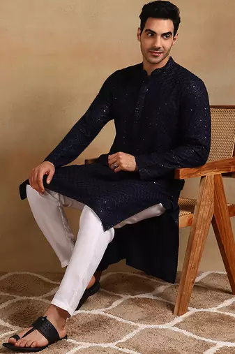 Men navy blue viscose rayon solid embroidered straight kurta