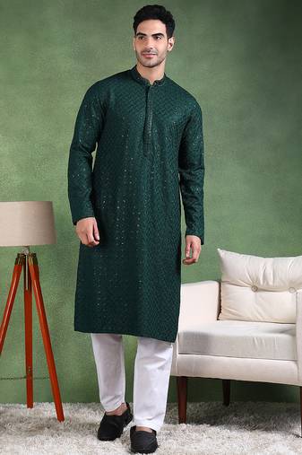 Men green viscose rayon solid embroidered straight kurta