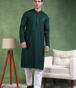 Men green viscose rayon solid embroidered straight kurta