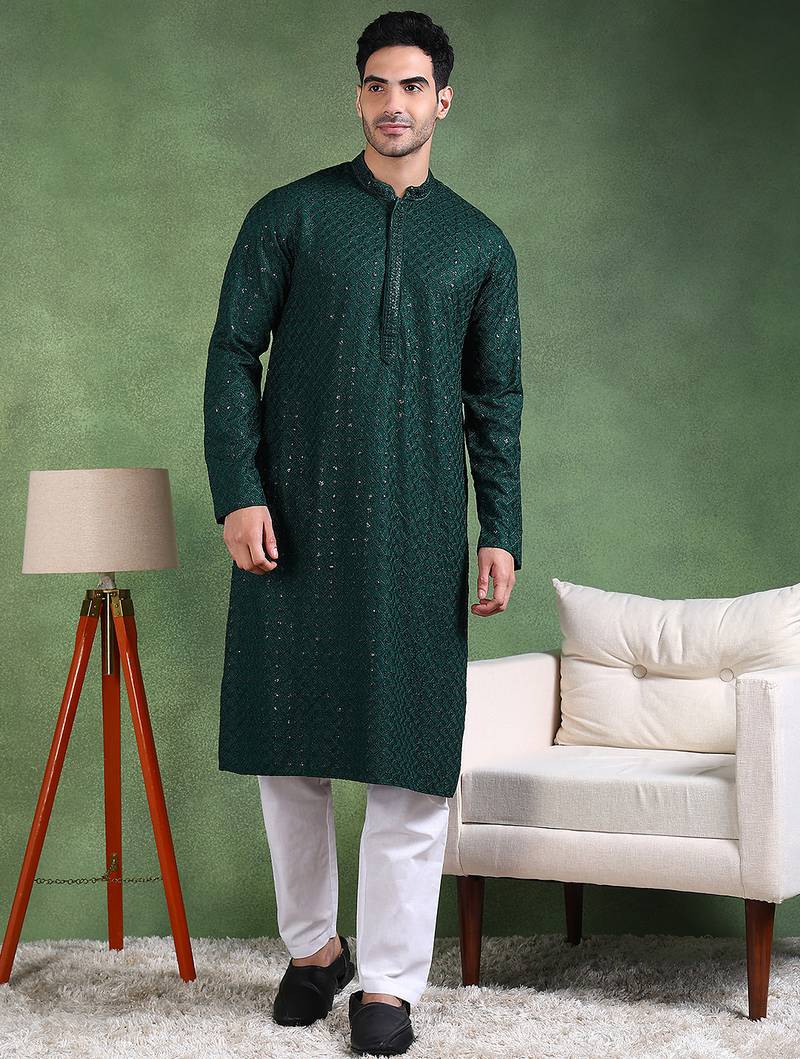Men green viscose rayon solid embroidered straight kurta