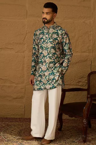 Men teal silk blend floral printed straight kurta with trouser