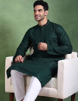 Men green viscose rayon solid embroidered straight kurta 2
