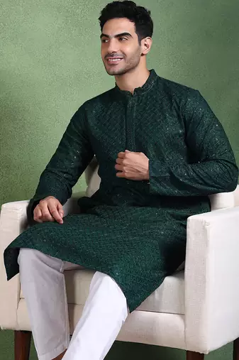 Men green viscose rayon solid embroidered straight kurta