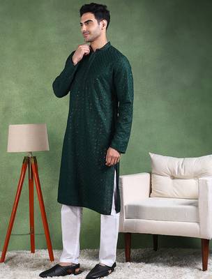 Men green viscose rayon solid embroidered straight kurta 3