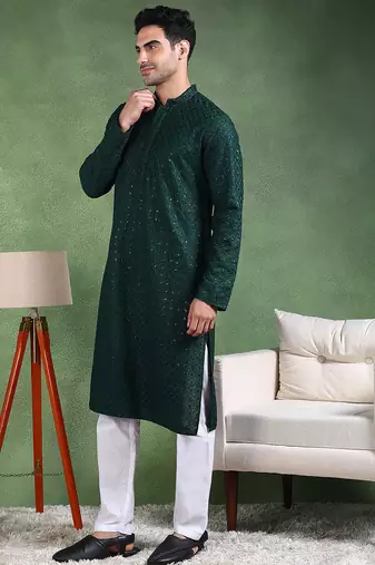 Men green viscose rayon solid embroidered straight kurta