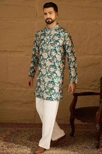 Men teal silk blend floral printed straight kurta with trouser