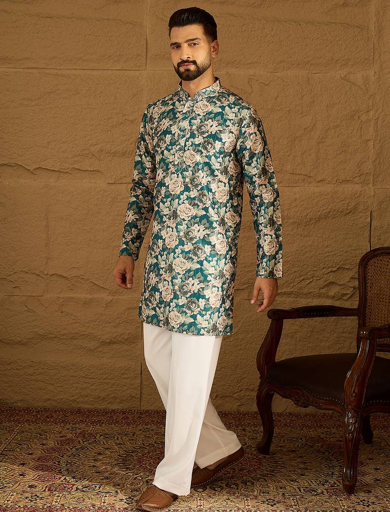 Men teal silk blend floral printed straight kurta with trouser