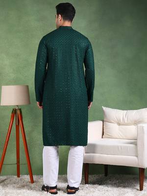 Men green viscose rayon solid embroidered straight kurta 4