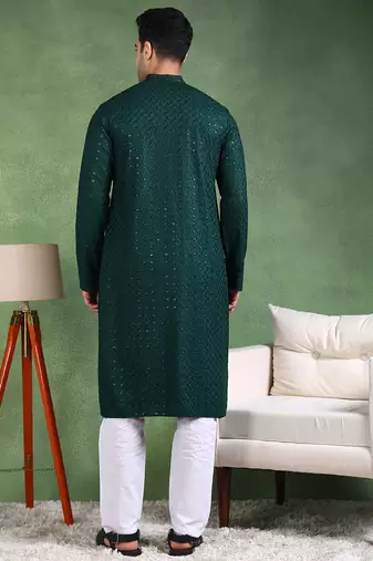 Men green viscose rayon solid embroidered straight kurta