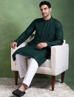 Men green viscose rayon solid embroidered straight kurta 5