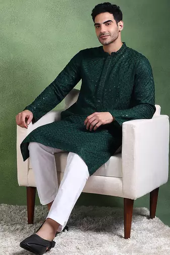 Men green viscose rayon solid embroidered straight kurta