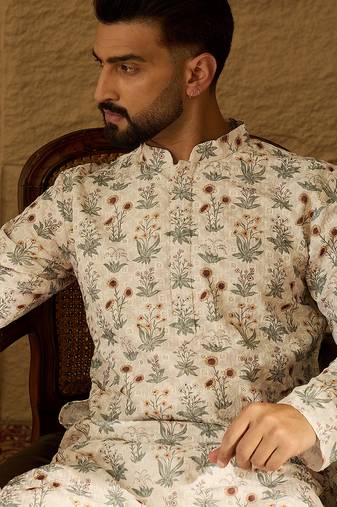 Men off white viscose rayon floral printed straight kurta with trouser