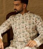 Men off white viscose rayon floral printed straight kurta with trouser