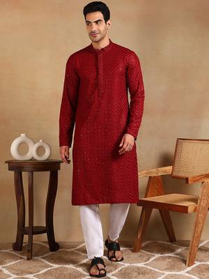 Men maroon viscose rayon solid embroidered straight kurta 1
