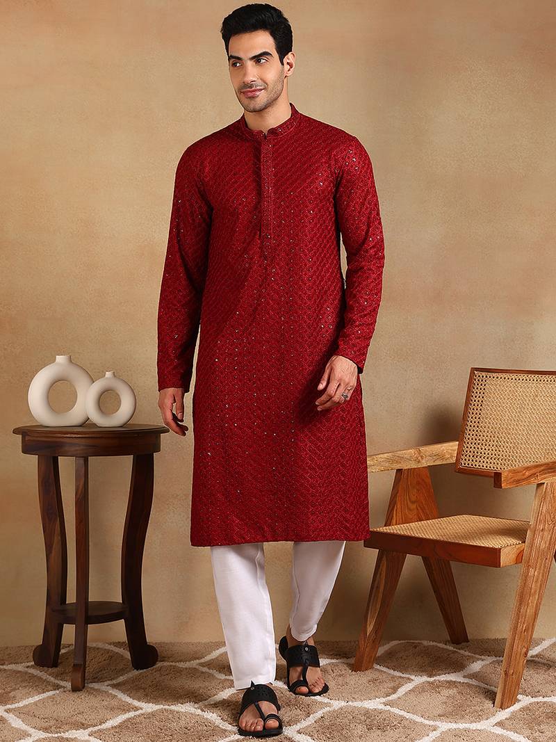 Men maroon viscose rayon solid embroidered straight kurta