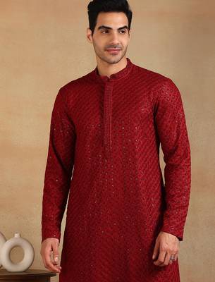 Men maroon viscose rayon solid embroidered straight kurta 2