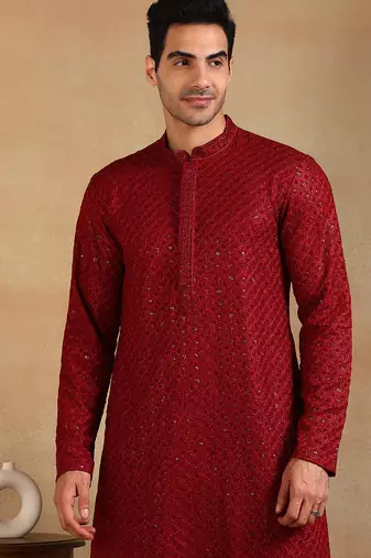 Men maroon viscose rayon solid embroidered straight kurta
