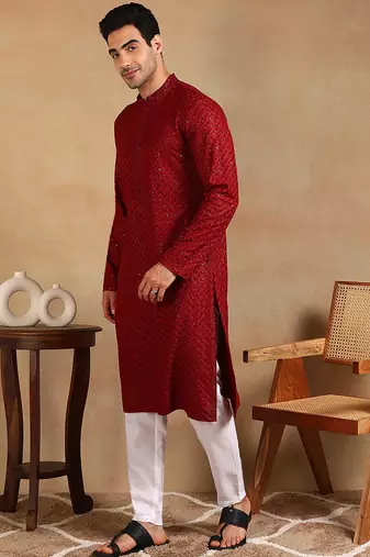 Men maroon viscose rayon solid embroidered straight kurta