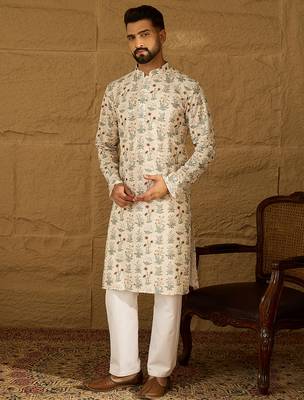 Men off white viscose rayon floral printed straight kurta with trouser 3
