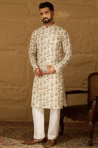 Men off white viscose rayon floral printed straight kurta with trouser
