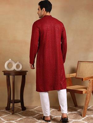 Men maroon viscose rayon solid embroidered straight kurta 4