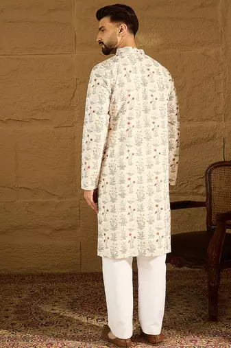 Men off white viscose rayon floral printed straight kurta with trouser