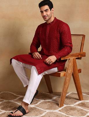 Men maroon viscose rayon solid embroidered straight kurta 5