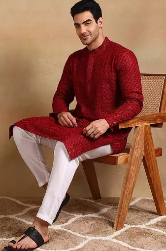 Men maroon viscose rayon solid embroidered straight kurta