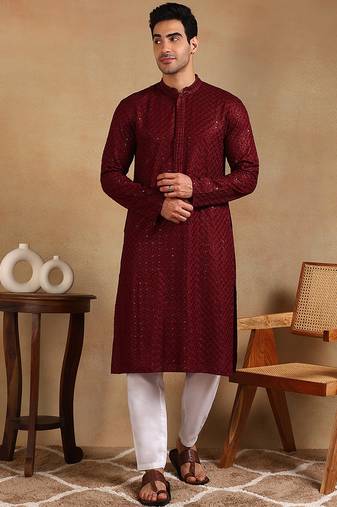 Men wine viscose rayon solid embroidered straight kurta