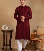 Men wine viscose rayon solid embroidered straight kurta