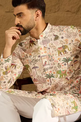Men cream viscose rayon ethnic motifs printed straight kurta with trouser