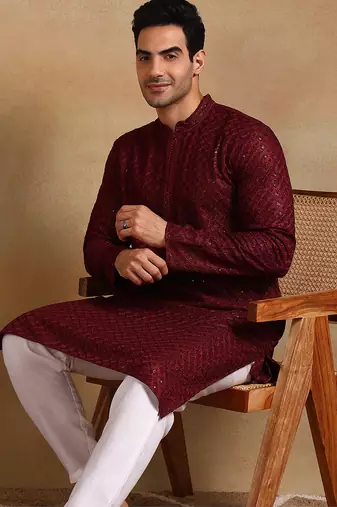 Men wine viscose rayon solid embroidered straight kurta