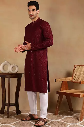 Men wine viscose rayon solid embroidered straight kurta