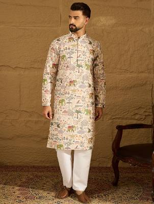 Men cream viscose rayon ethnic motifs printed straight kurta with trouser 2