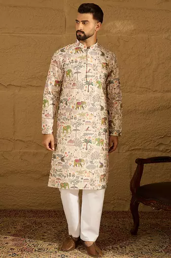 Men cream viscose rayon ethnic motifs printed straight kurta with trouser