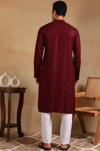 Men wine viscose rayon solid embroidered straight kurta