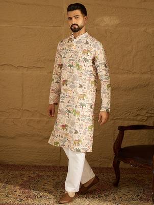 Men cream viscose rayon ethnic motifs printed straight kurta with trouser 3