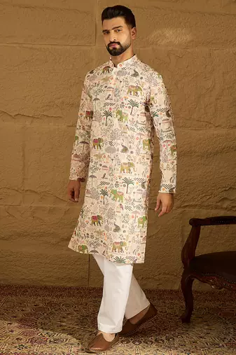 Men cream viscose rayon ethnic motifs printed straight kurta with trouser